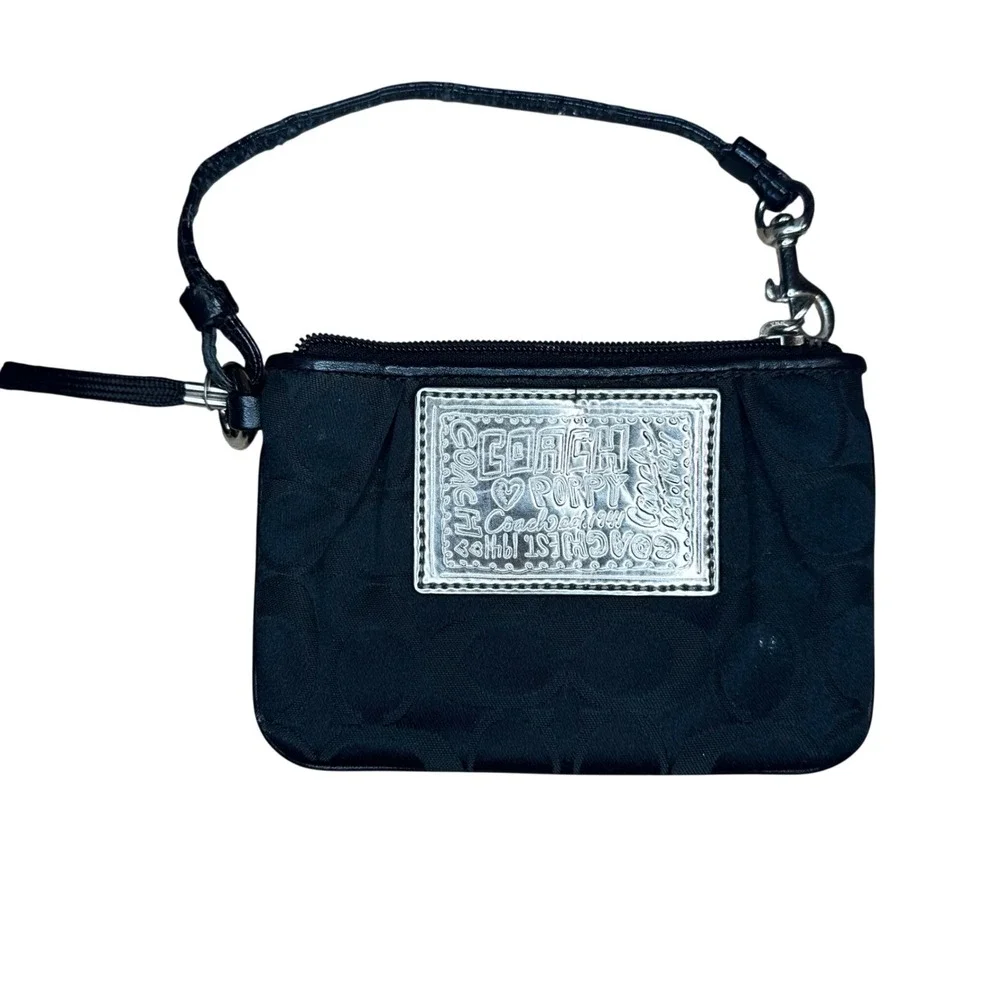 Coach Poppy Black Signature C Wristlet Pouch Bag Silver Logo